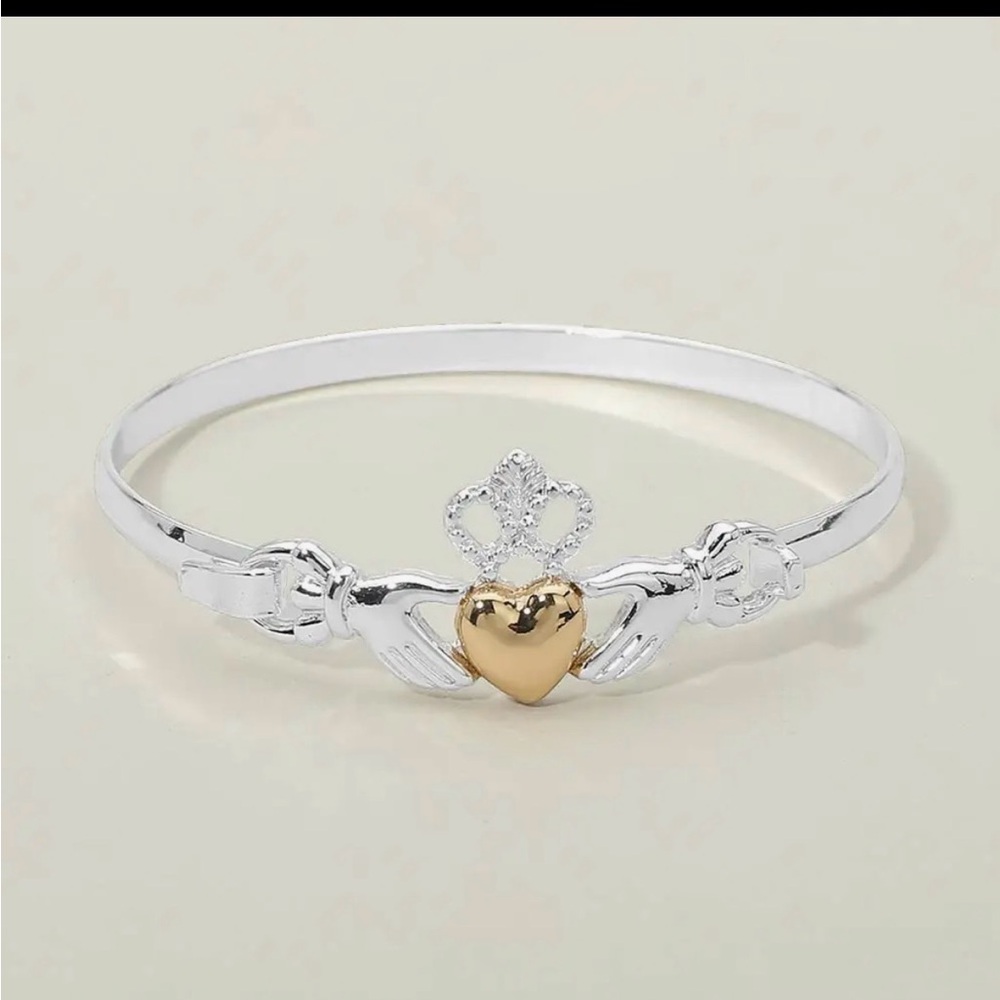 Two-Tone Claddagh Bangle Bracelet - Gold Heart, Silver Band